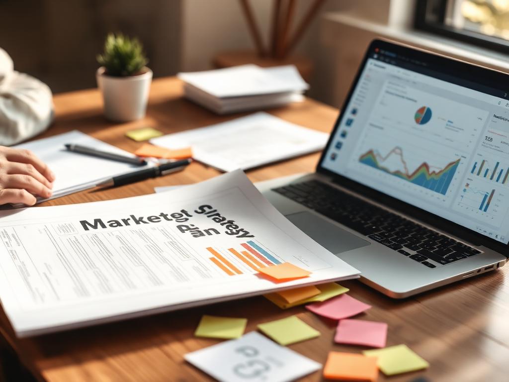 Printed marketing strategy plan with analytics dashboard