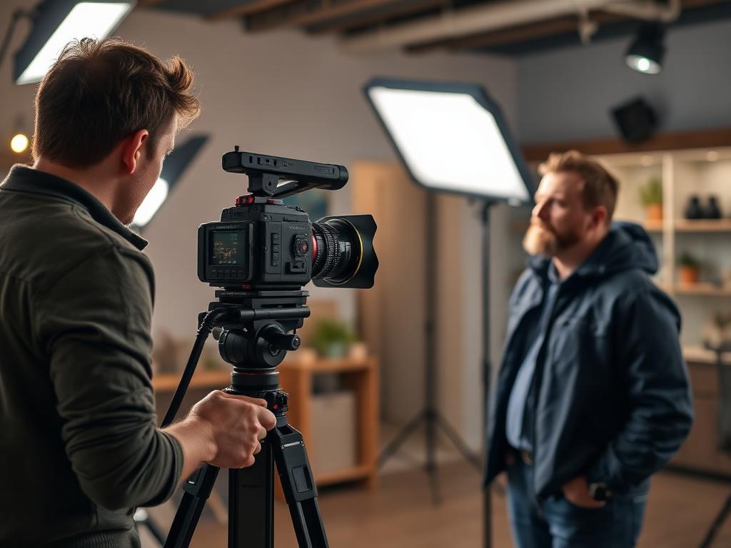 Video shoot with camera and small business owner being interviewed
