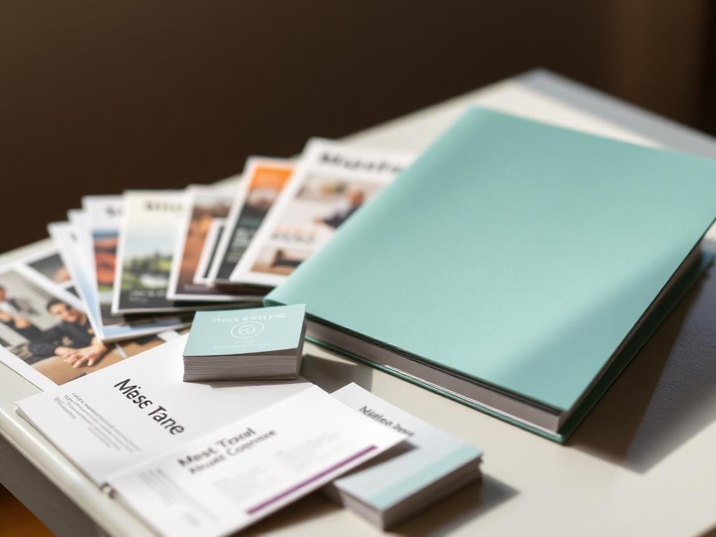 Printed brochures, business cards, and folder